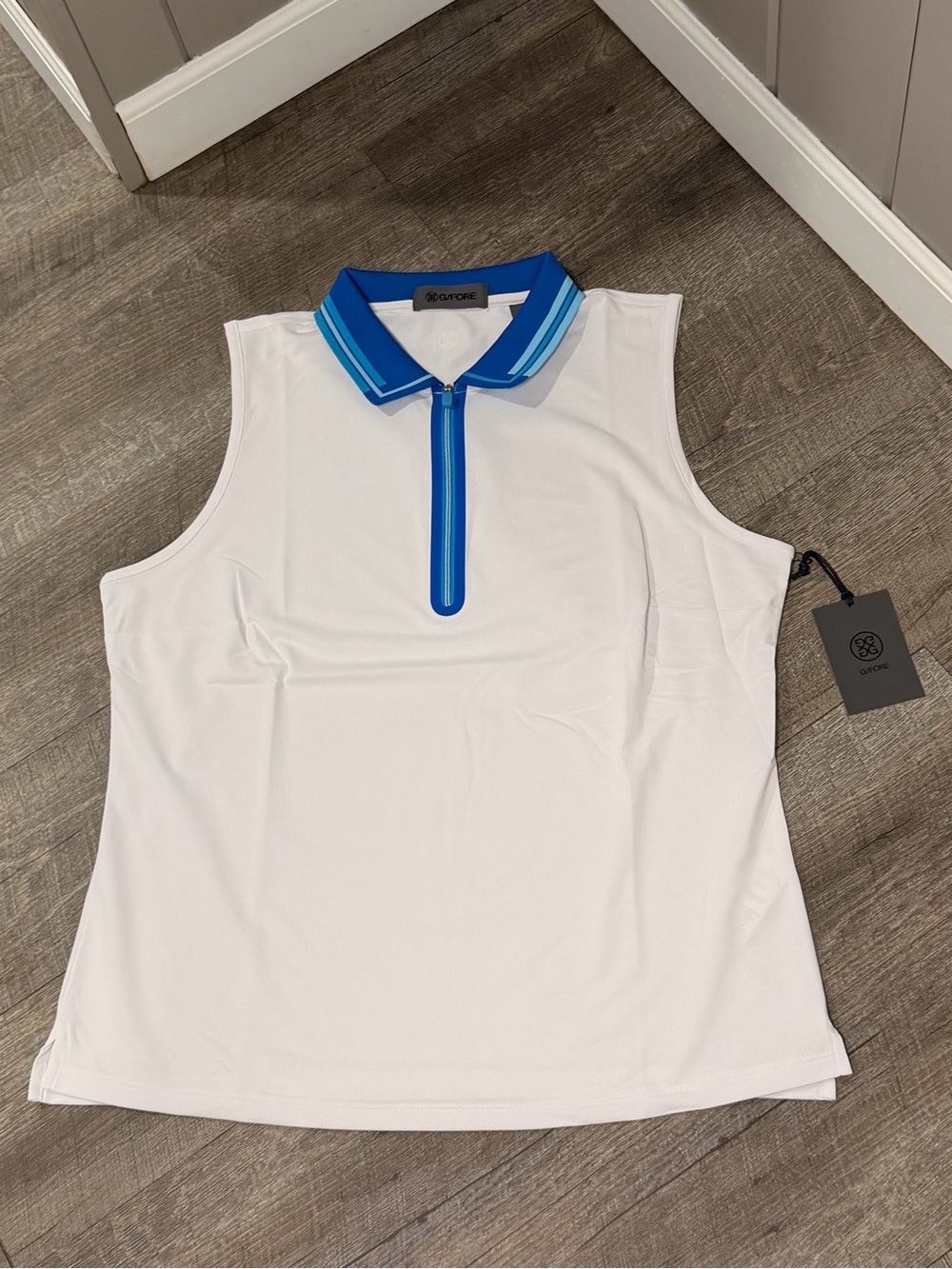 G/FORE Women’s White Sleeveless Golf Polo with Blue Trim Size Large
